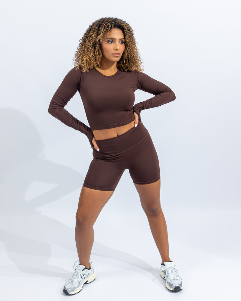 Power Long Sleeve Crop Top - Black Coffee