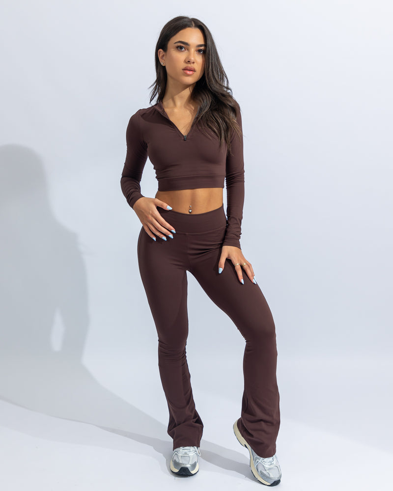 Power Long Sleeve Half Zip Crop Top - Coffee