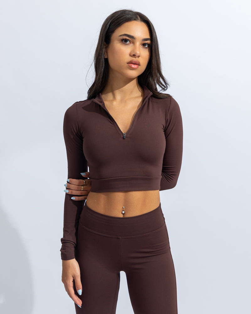 Power Long Sleeve Half Zip Crop Top - Coffee