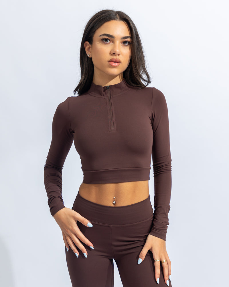 Power Long Sleeve Half Zip Crop Top - Coffee